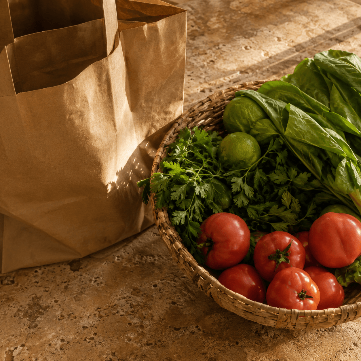Fresh groceries on a warm kitchen counter
