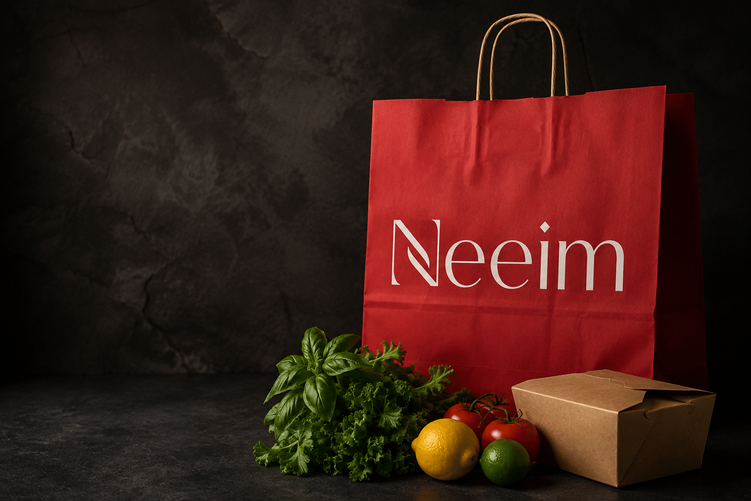 A red Neeim delivery bag with fresh groceries and a takeaway box