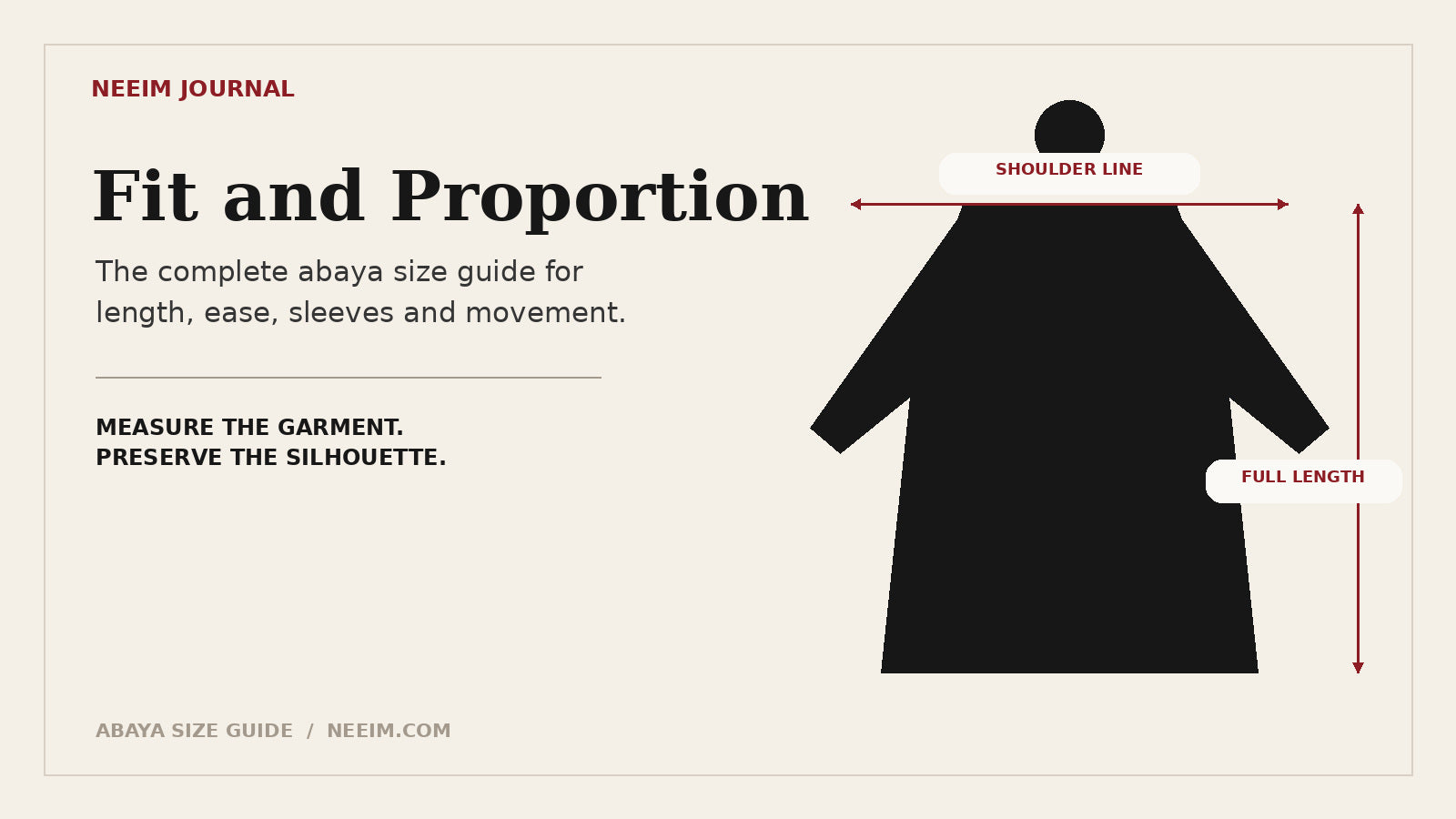 NEEIM abaya size guide showing shoulder line and full-length measurement points on a black abaya silhouette