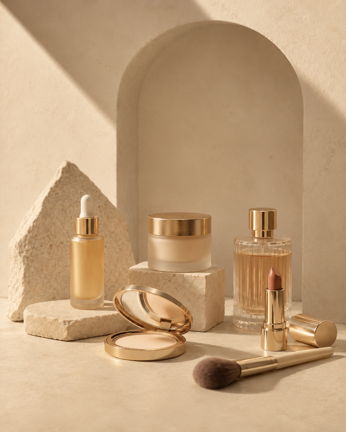 Luxury beauty still life with serum, cream, compact, lipstick, fragrance, and brush on warm stone collection at Neeim