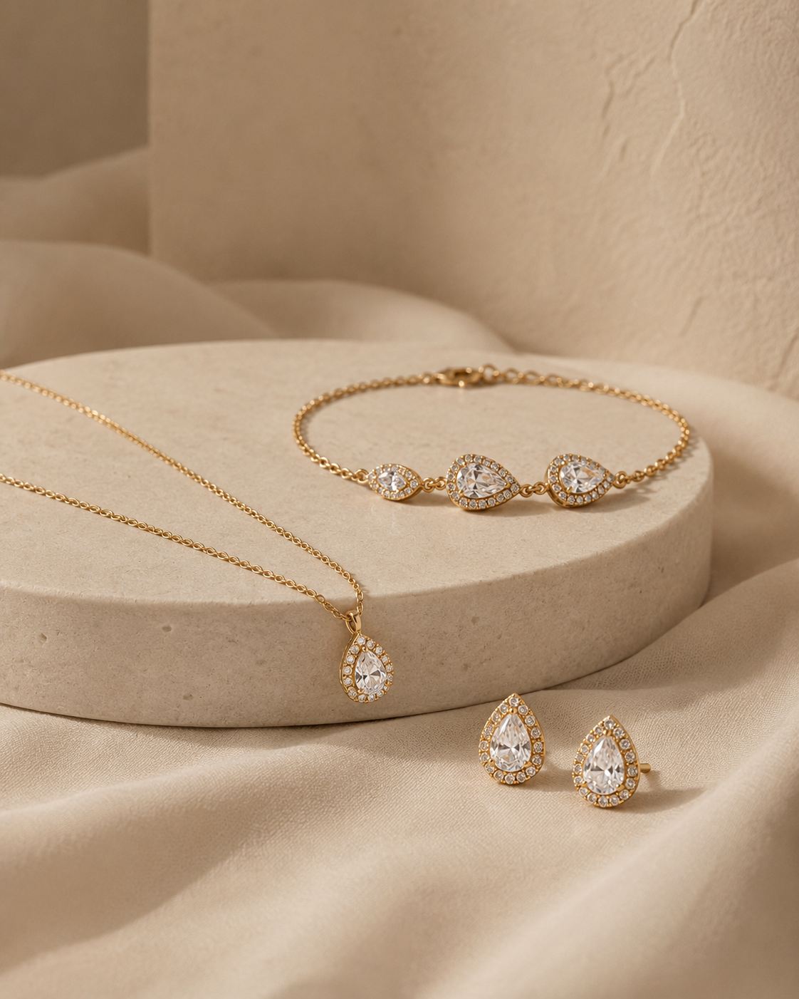 Gold-tone crystal necklace, bracelet, and earrings arranged on warm stone and soft ivory fabric collection at Neeim