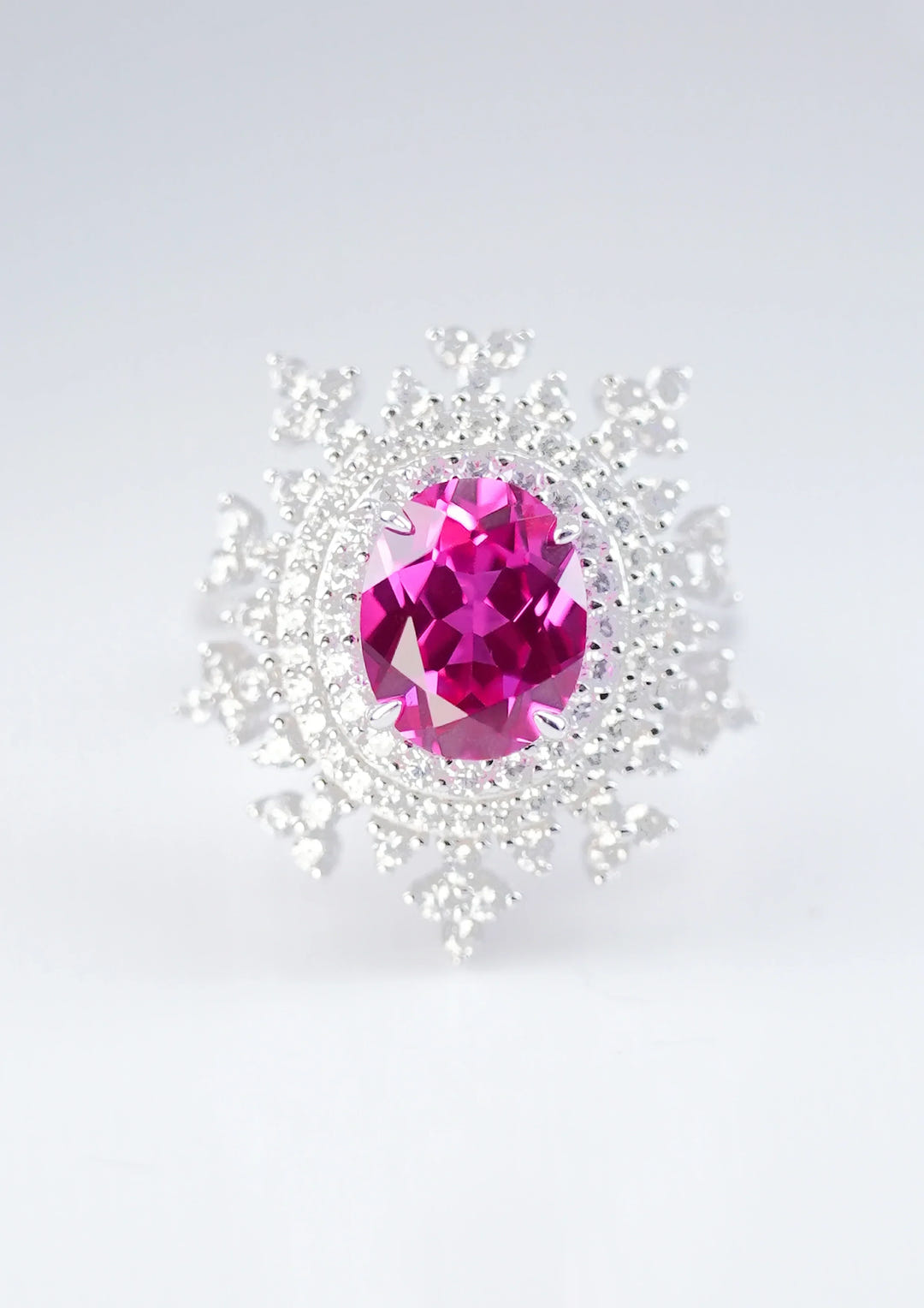 Pink Snowflake sapphire ring, close-up view