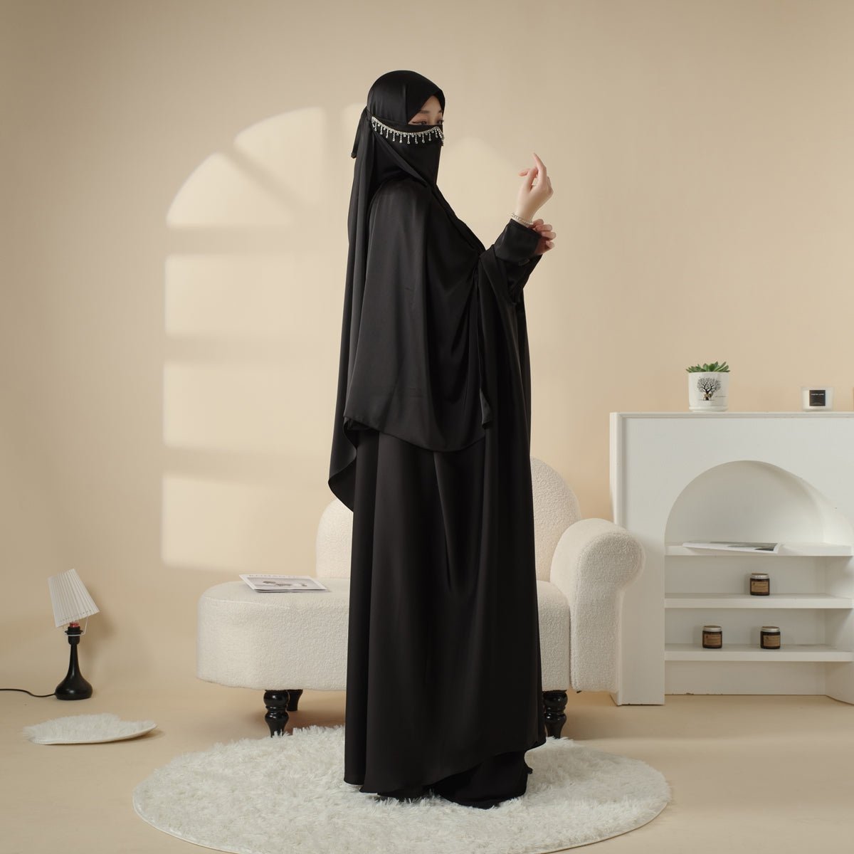Butterfly abaya set with matching belt and hijab view 19