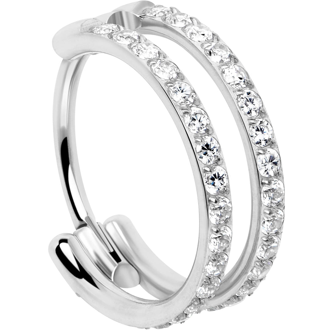 Silver 9 mm double-row crystal titanium nose hoop view 1