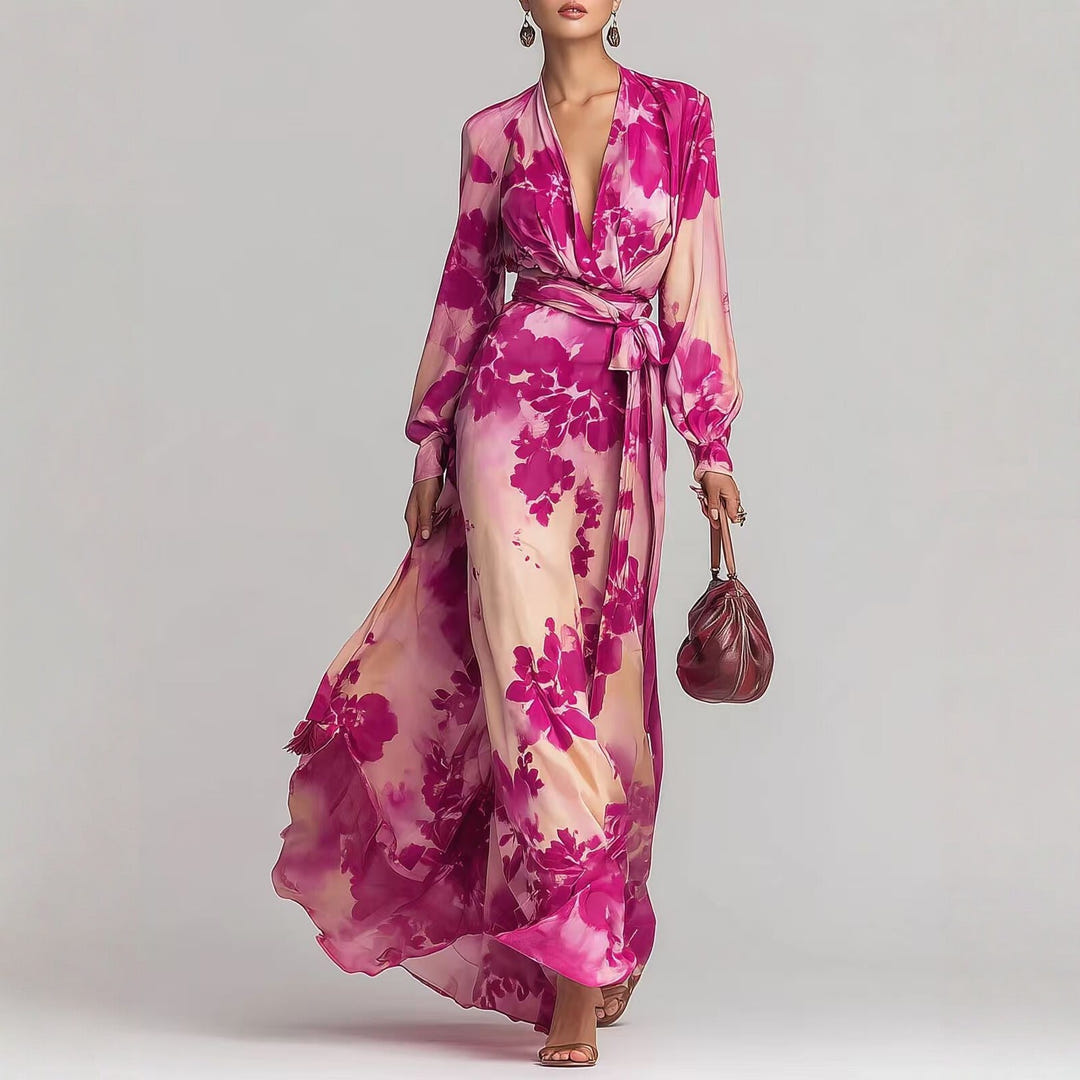 Floral chiffon maxi dress with long sleeves and tie-up V-neck