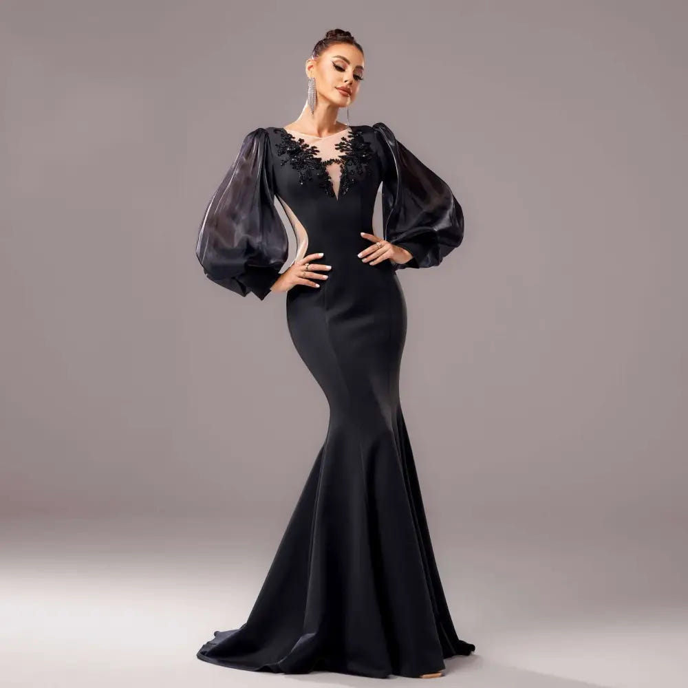 Black puff-sleeve fishtail gown alternate view 6