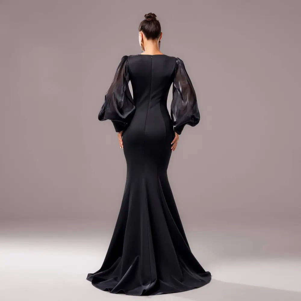 Black puff-sleeve evening gown view 3