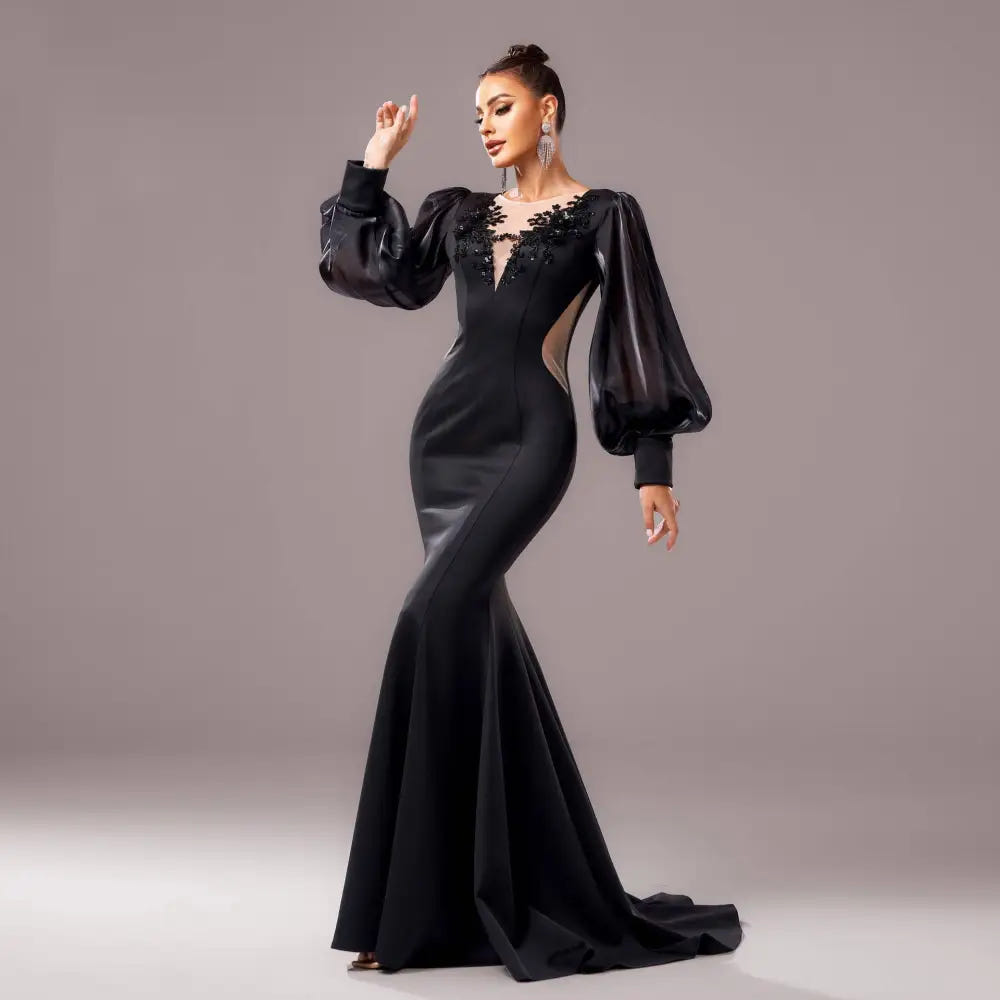 Black fishtail gown with beadwork view 4