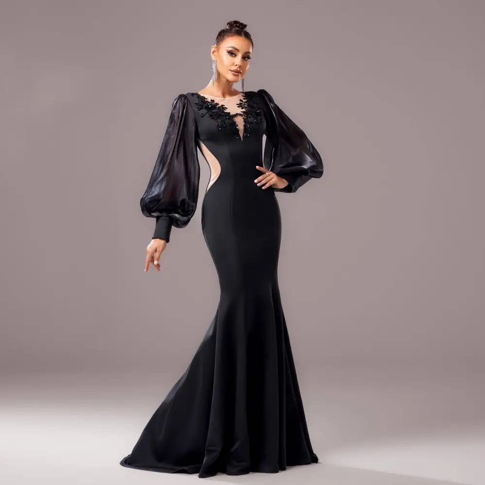 Black beaded fishtail gown alternate view 2