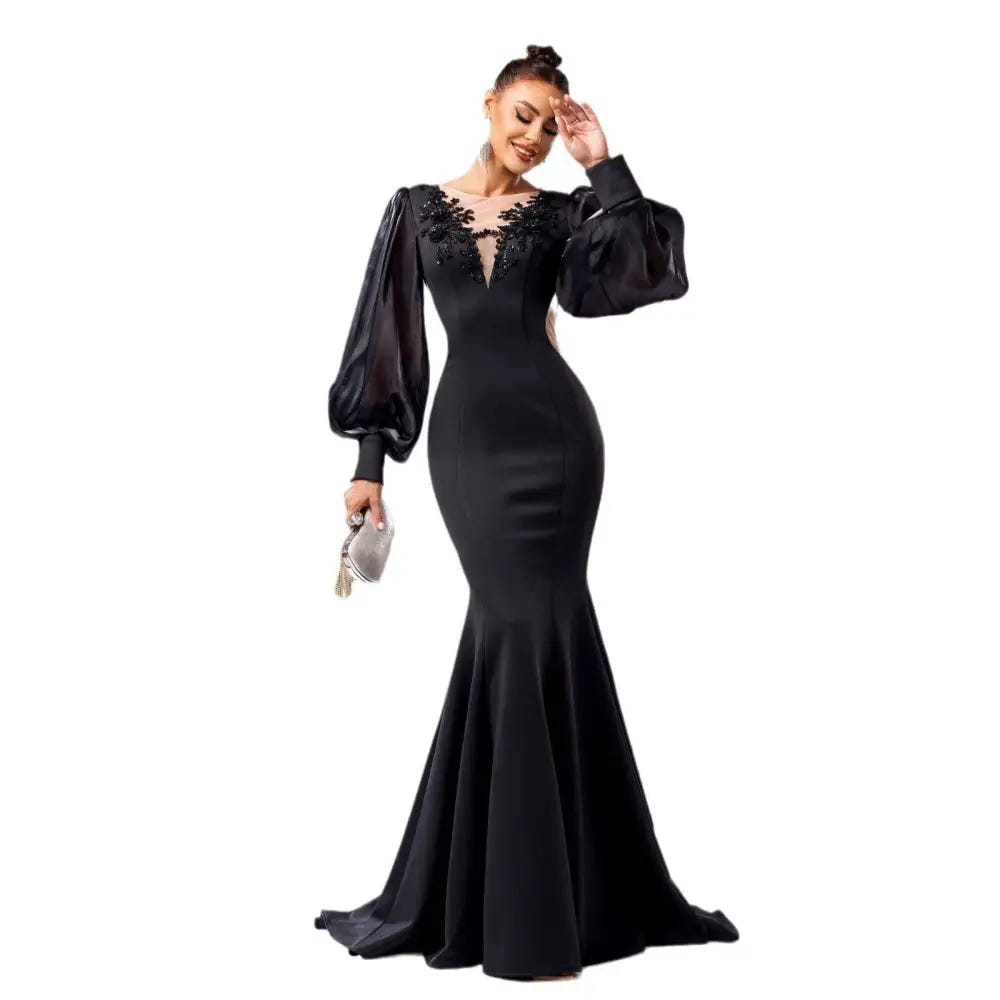 Black puff-sleeve gown detail view 5