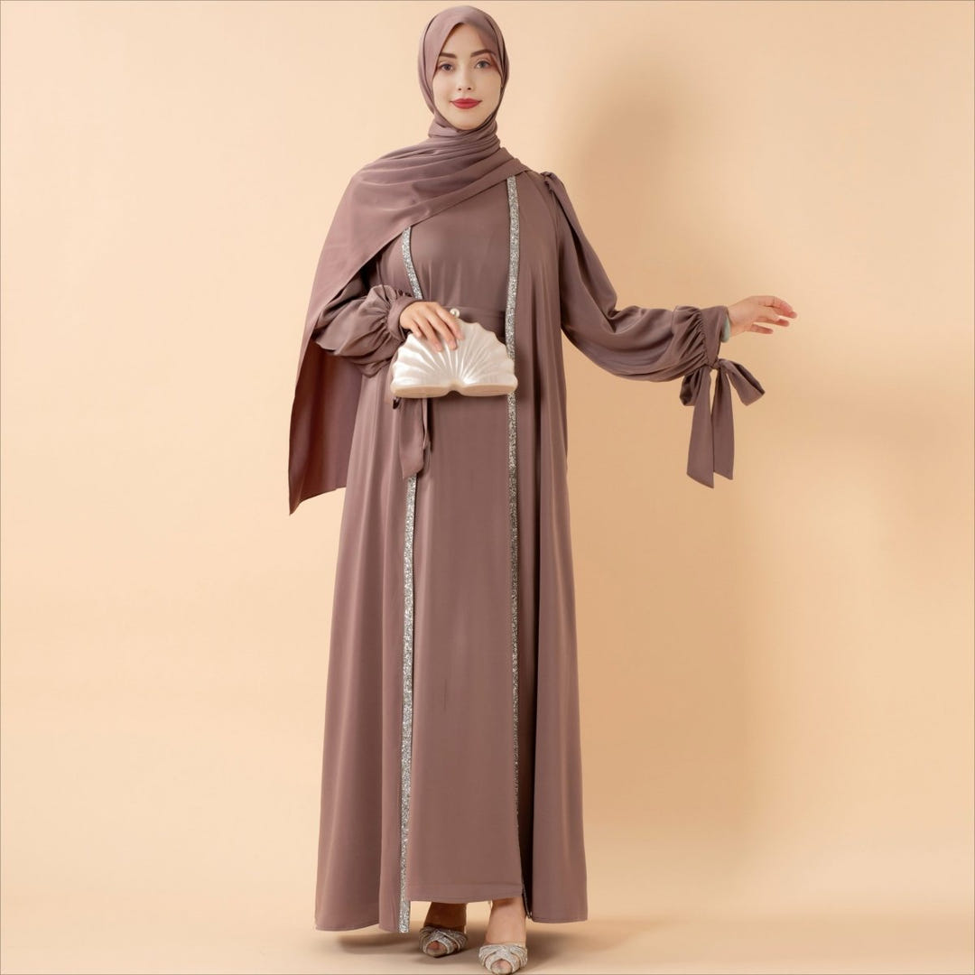 Bow-tie sleeve abaya with belt and hijab view 5