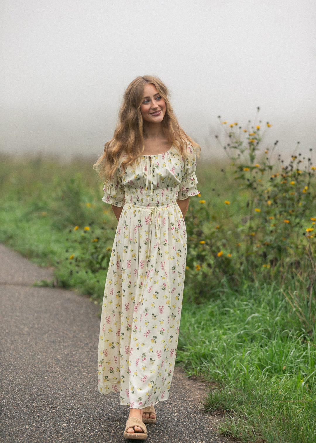 Celine cream floral occasion dress with double puff sleeves