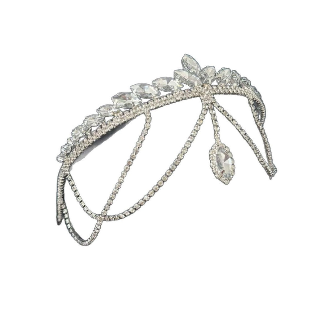 Cascading crystal forehead chain headband view 5