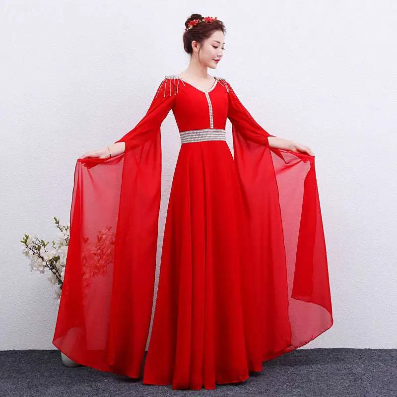 Red cape-sleeve embellished gown image 5