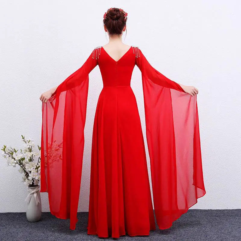 Red cape-sleeve embellished gown image 4