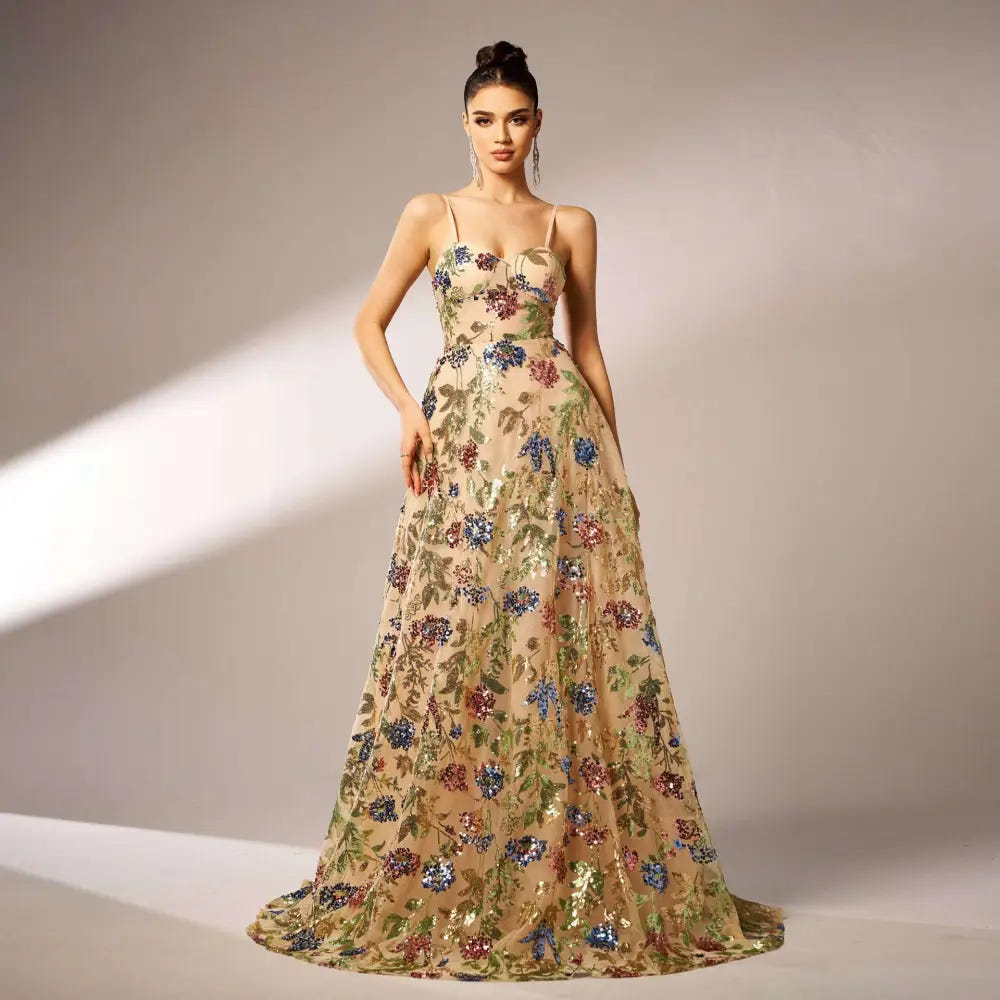 Floral sequin slip evening gown view 1