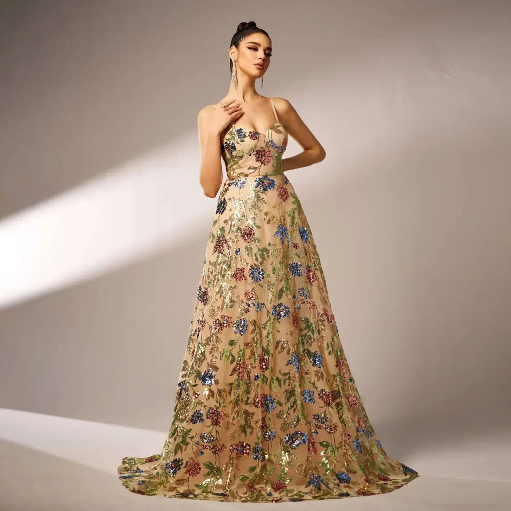 Sleeveless floral sequin evening gown view 3