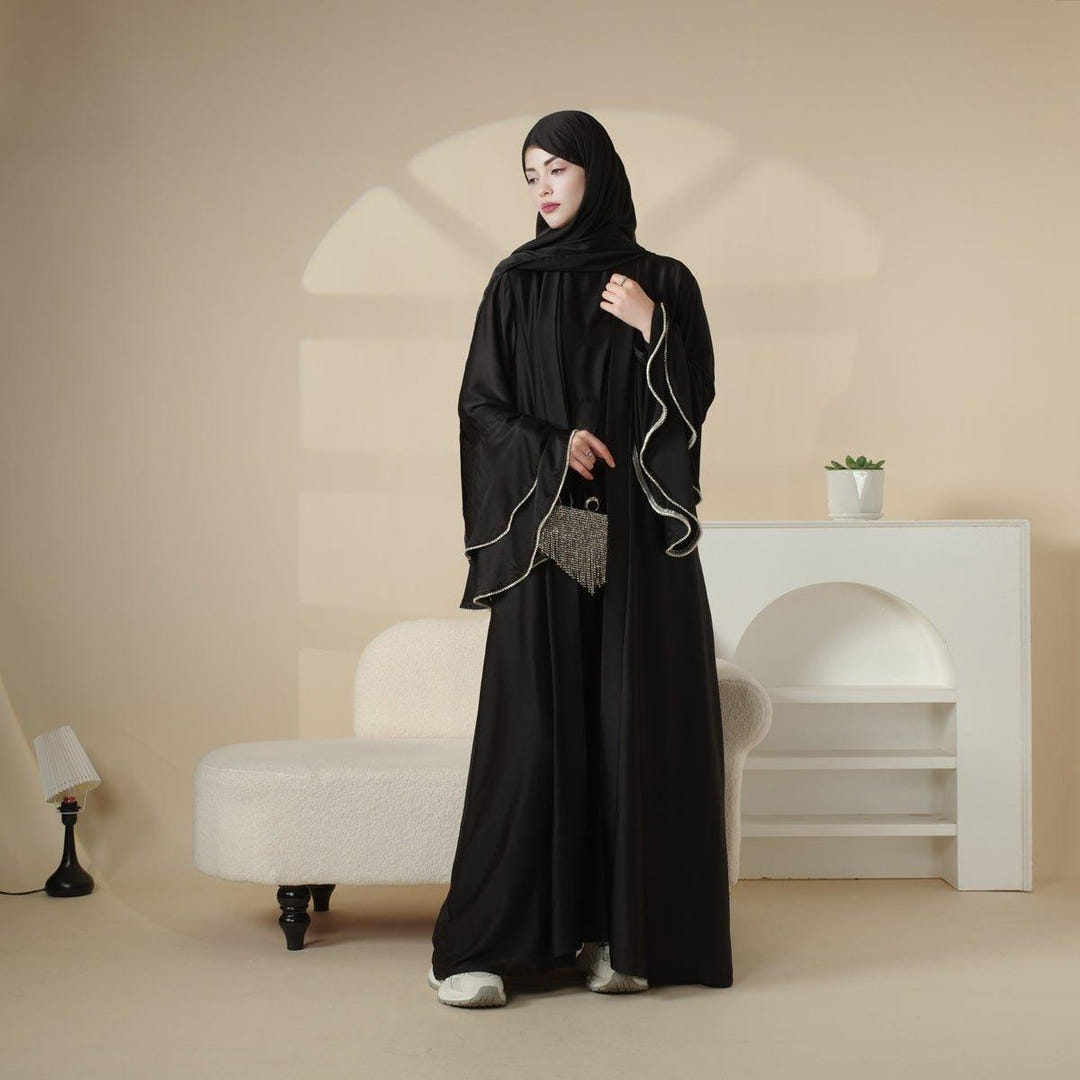 Ruffle sleeve abaya set with belt and hijab view 5