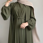 Three-piece open abaya set with pockets, inner dress and belt