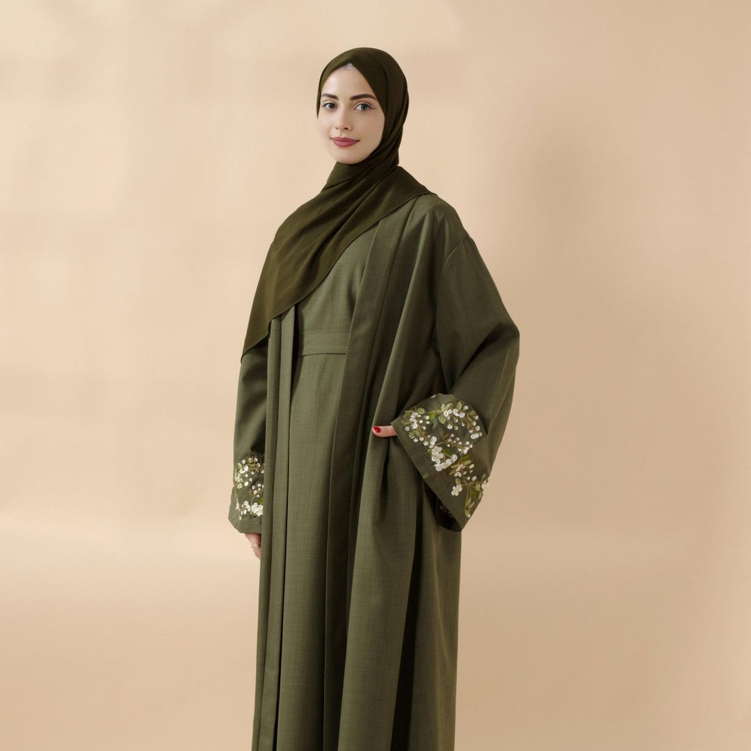 Olive branch embroidered open abaya set with matching layers