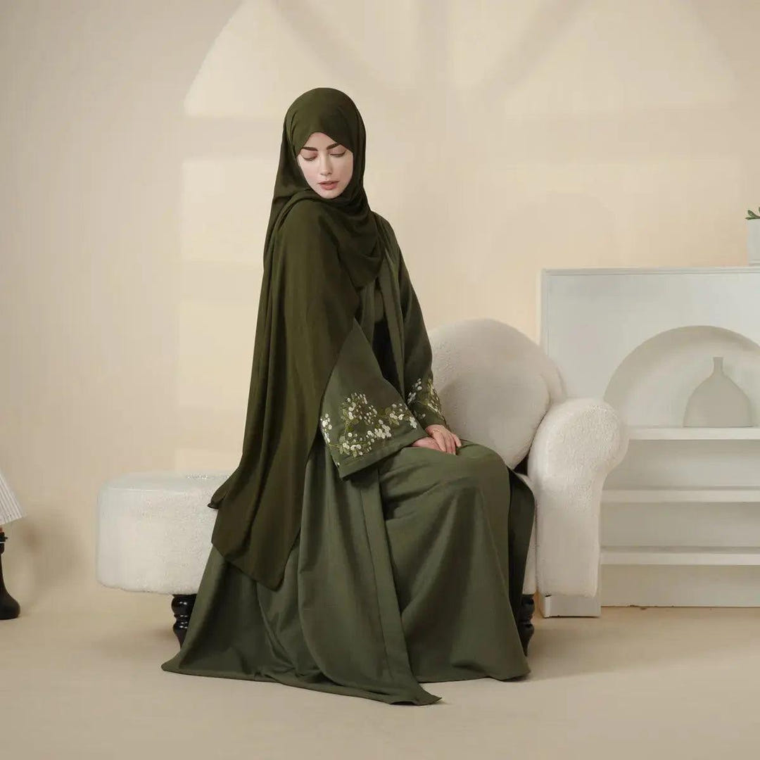 Olive branch embroidered abaya set image 8