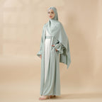Poet sleeve satin open abaya with matching belt and hijab