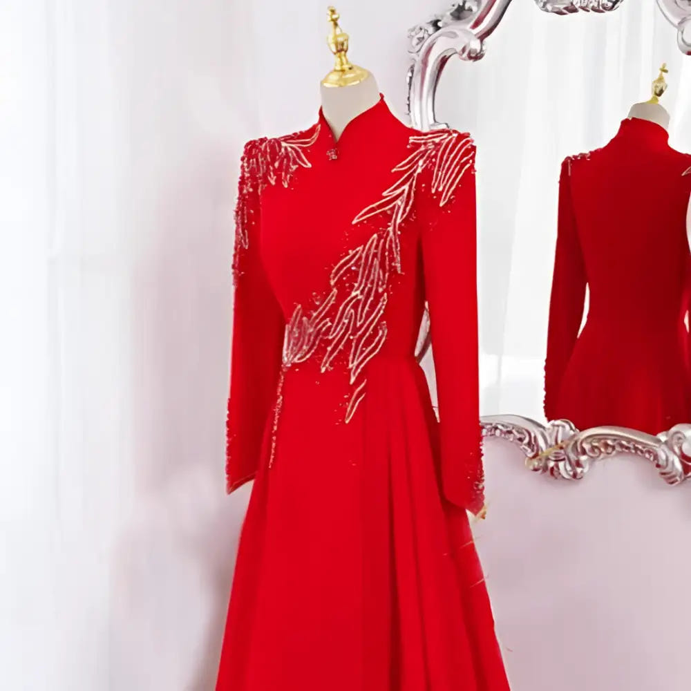 Red beaded long-sleeve formal gown image 5