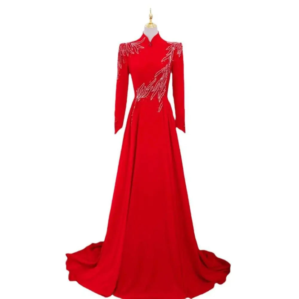 Red beaded long-sleeve formal gown image 2