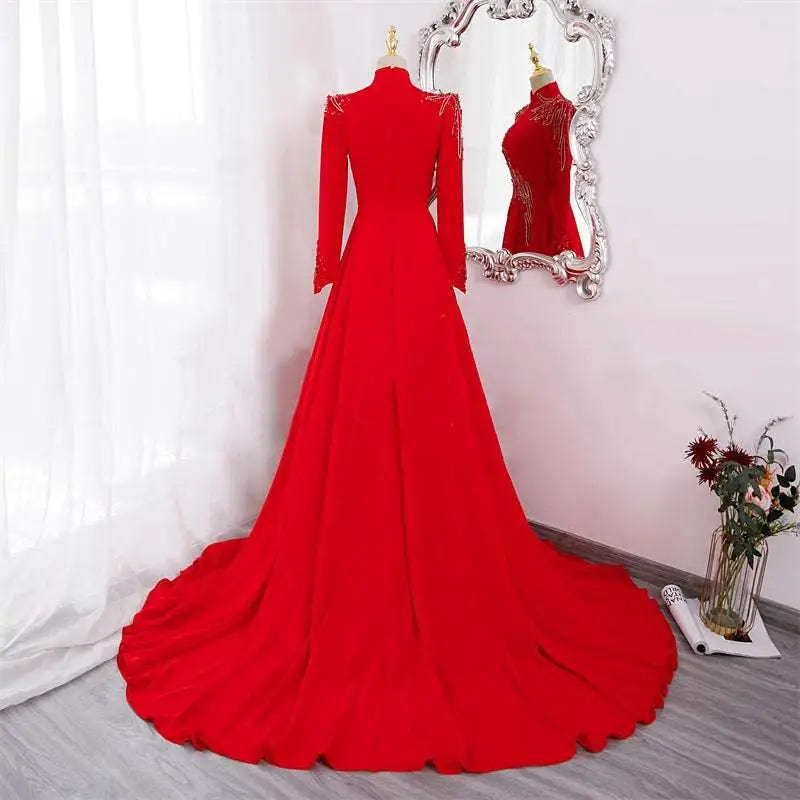 Red beaded long-sleeve formal gown image 3