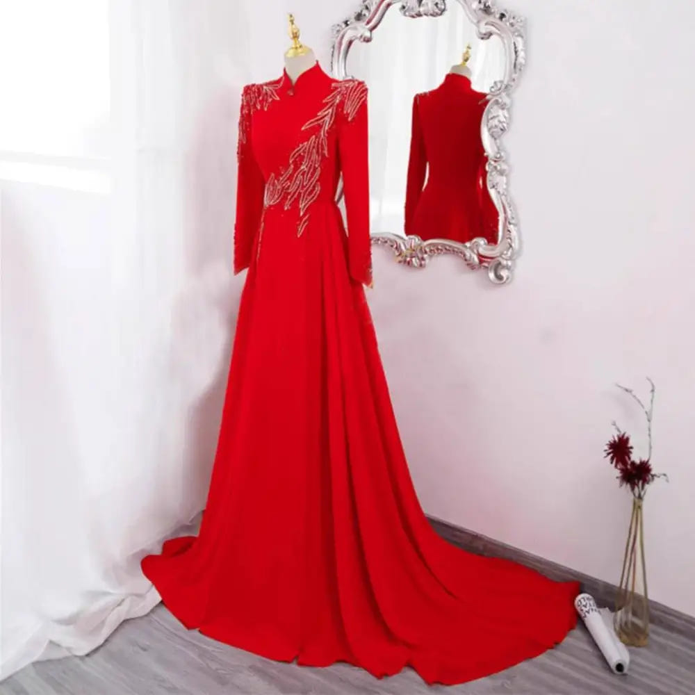 Red beaded long-sleeve formal gown image 4