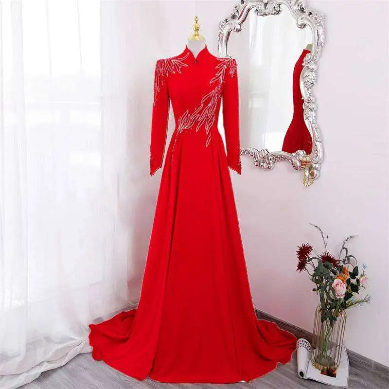 Red beaded long-sleeve formal gown image 6