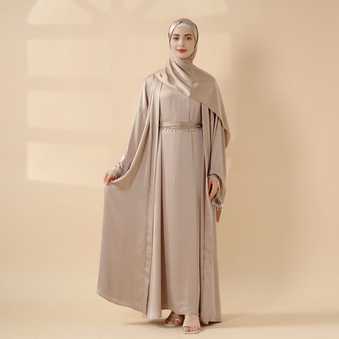 Diamond-tassel satin abaya set with inner dress and matching hijab