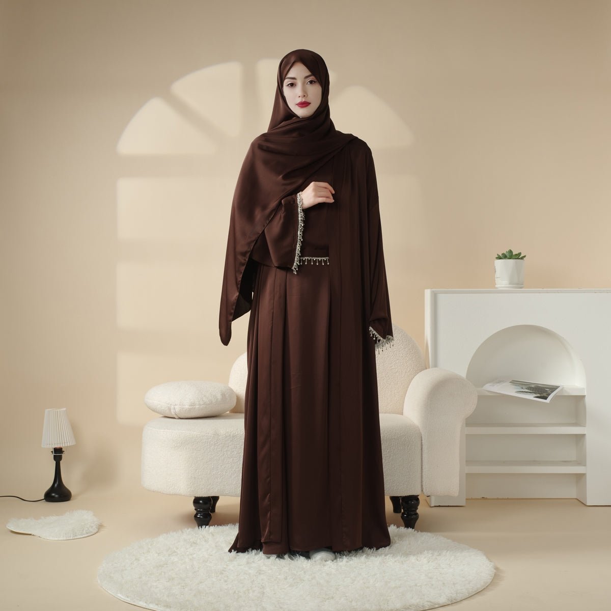 Diamond-tassel satin abaya set view 17