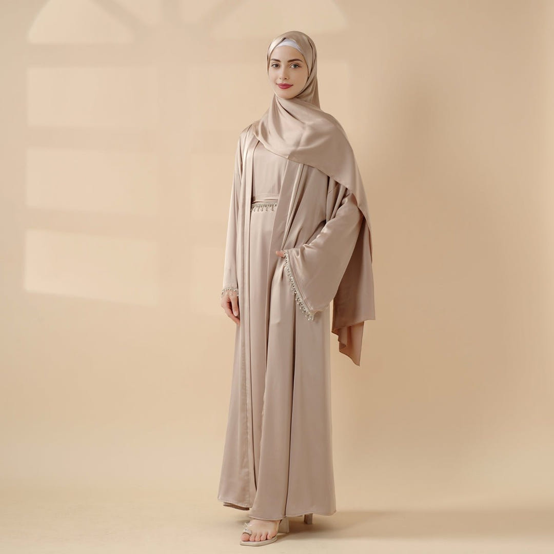 Satin open abaya with tassel belt view 5