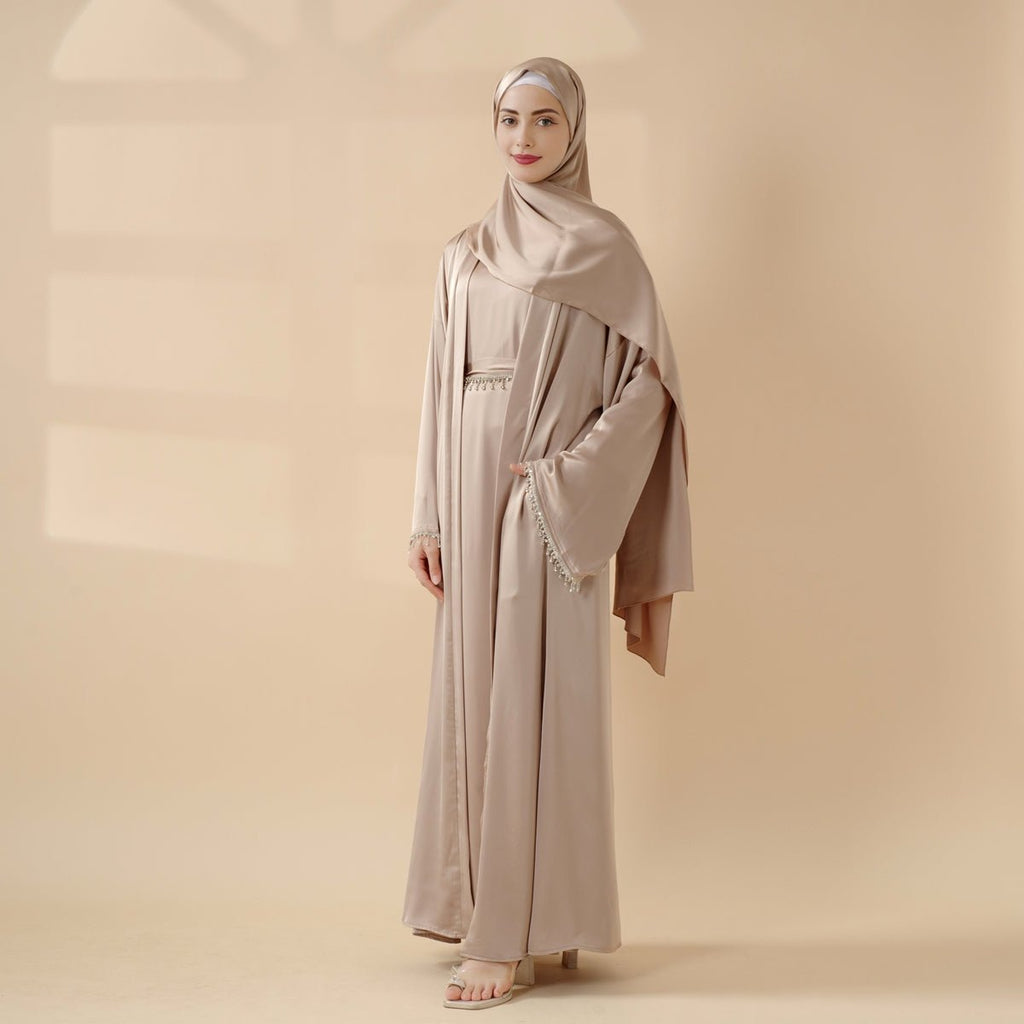 Satin open abaya with tassel belt view 5