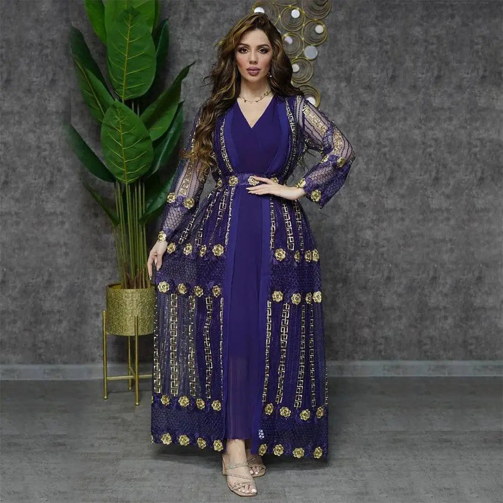 Open abaya and sleeveless dress with gold embroidery view 2
