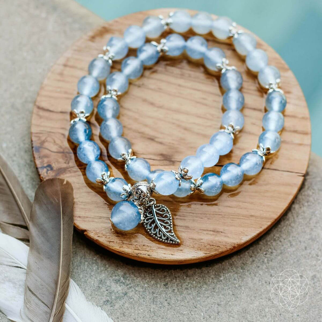 Blue chalcedony bracelet detail with silver leaf charm