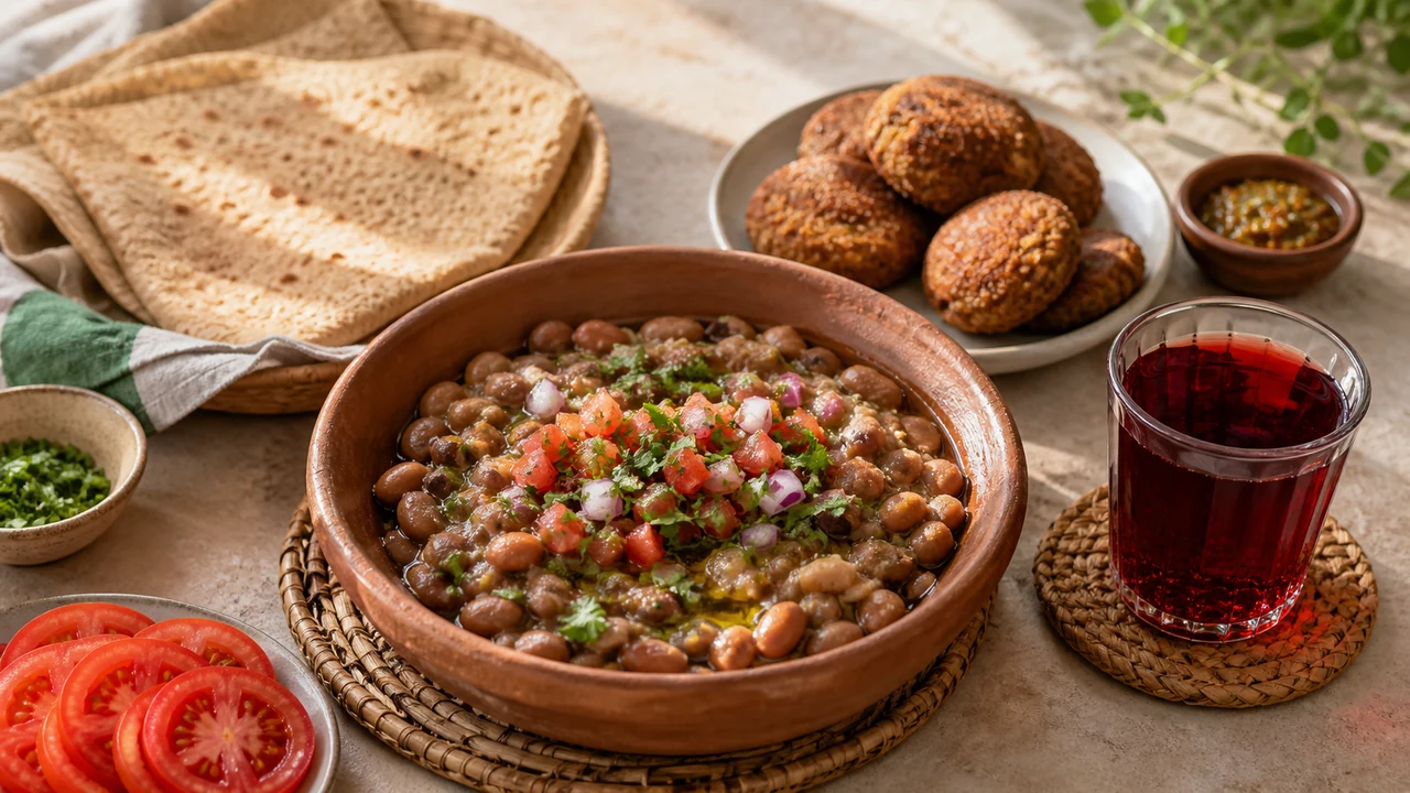 Sudanese breakfast served with traditional accompaniments
