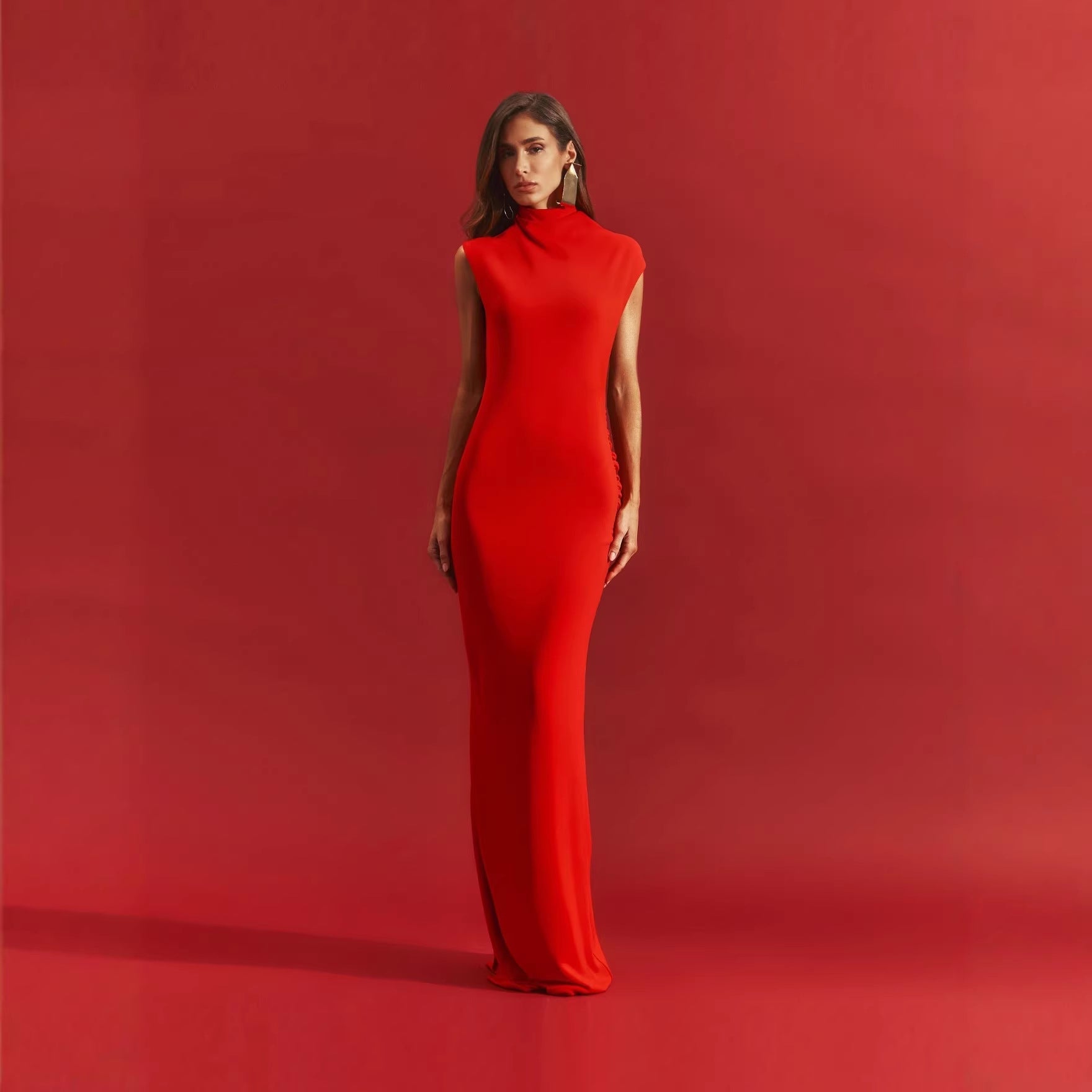 Red asymmetric ruched cutout maxi dress