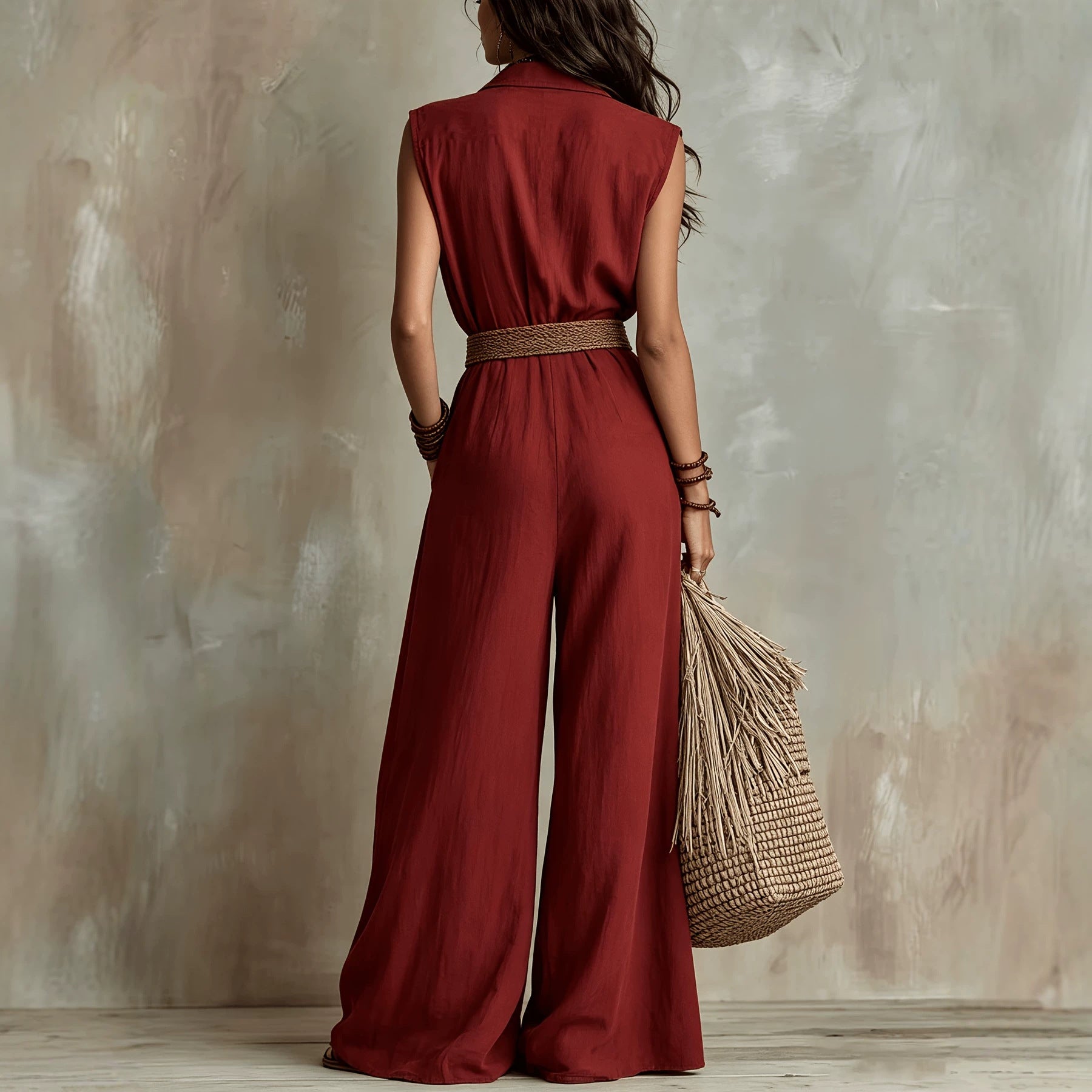 Red relaxed maxi jumpsuit, side view