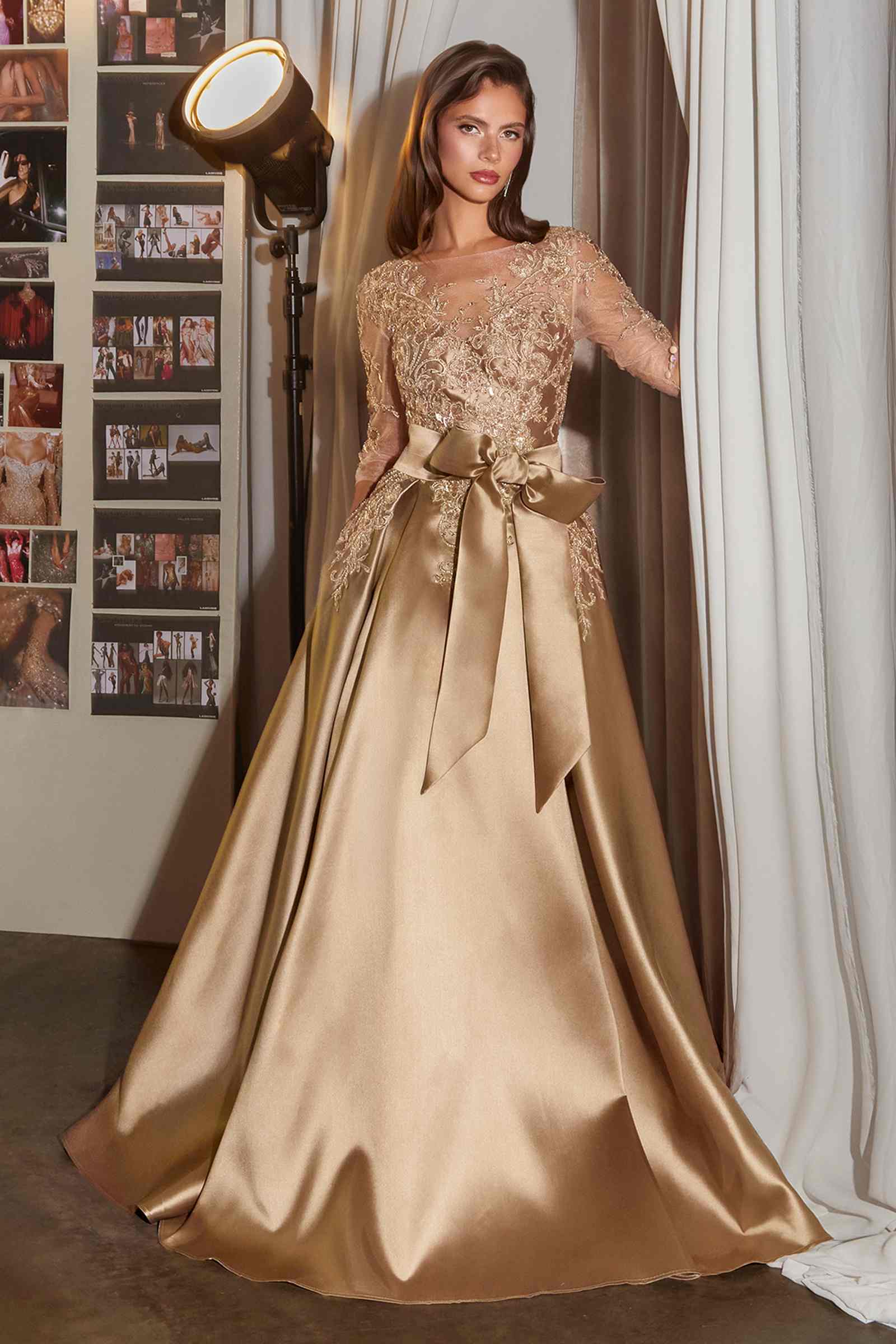 Ladivine CDS569 gold beaded lace Mikado gown, front view