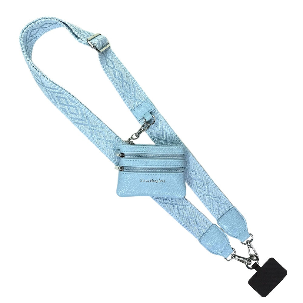 Clip & Go phone strap with zippered pouch in Sky Blue