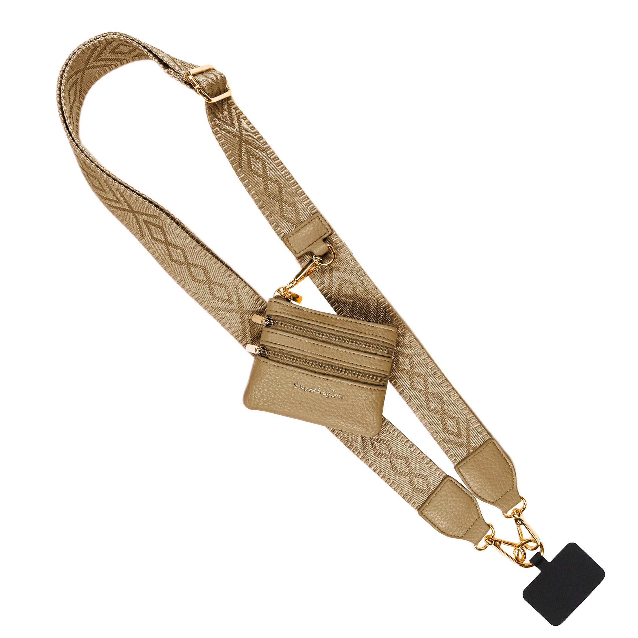 Clip & Go phone strap with zippered pouch in Camel