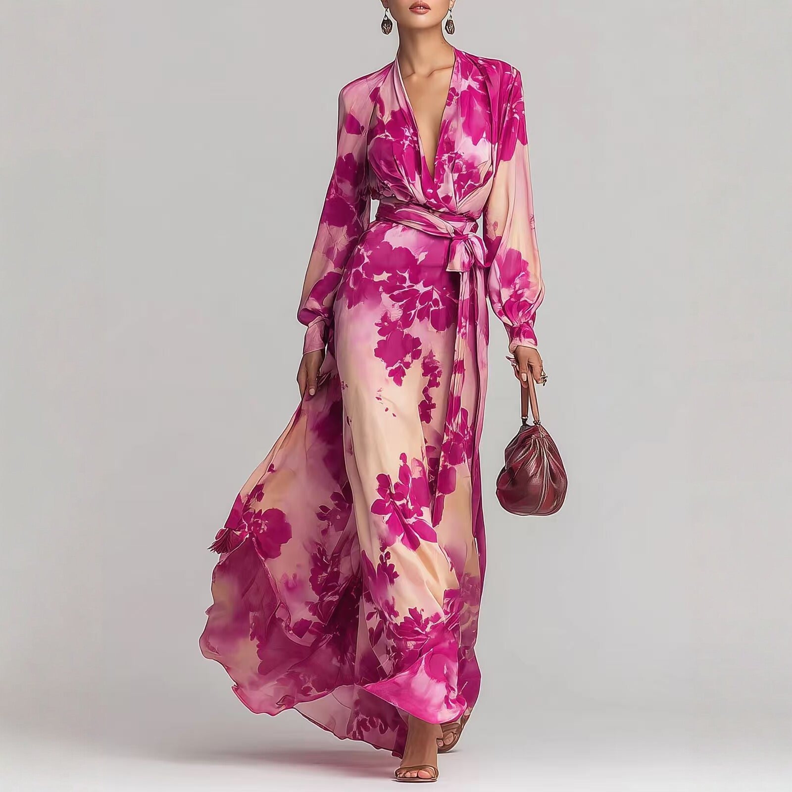 Floral chiffon maxi dress with long sleeves and tie-up V-neck