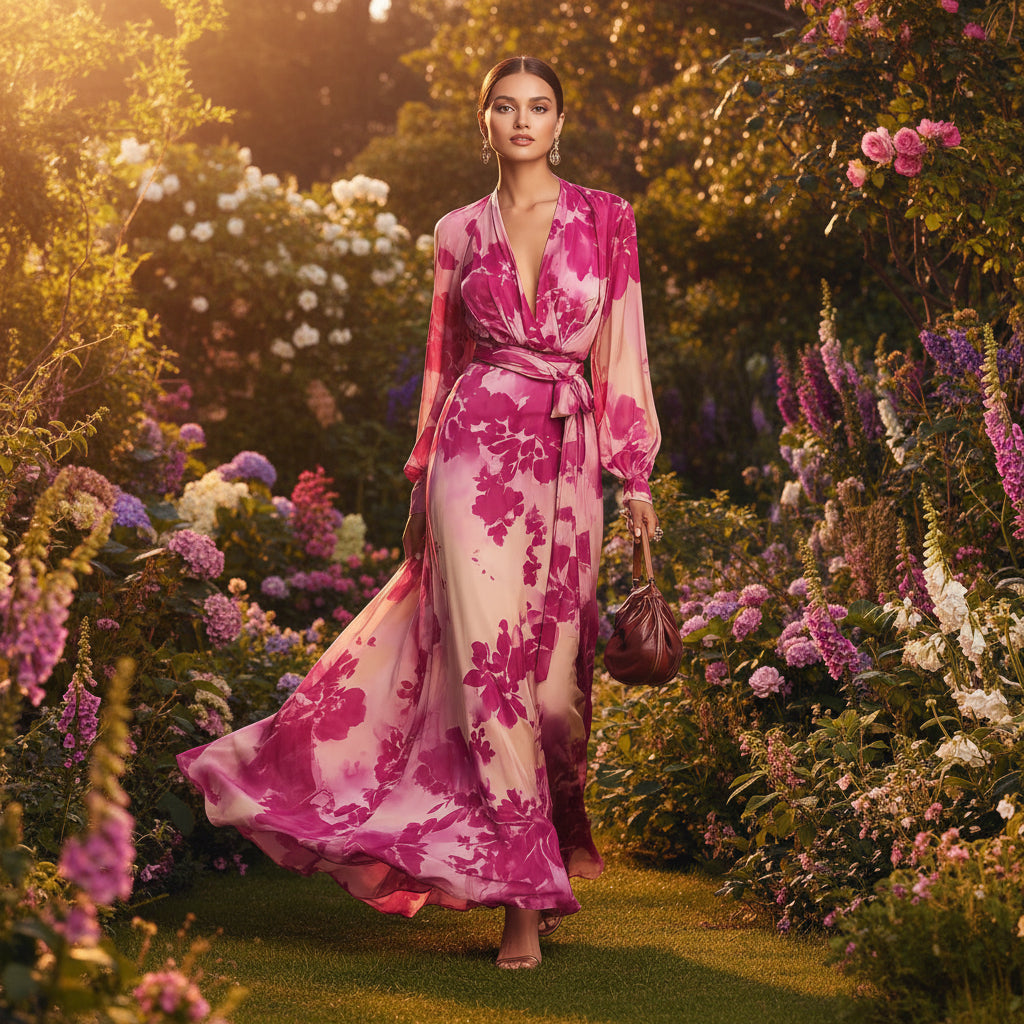 Floral chiffon tie-waist maxi dress with long sleeves