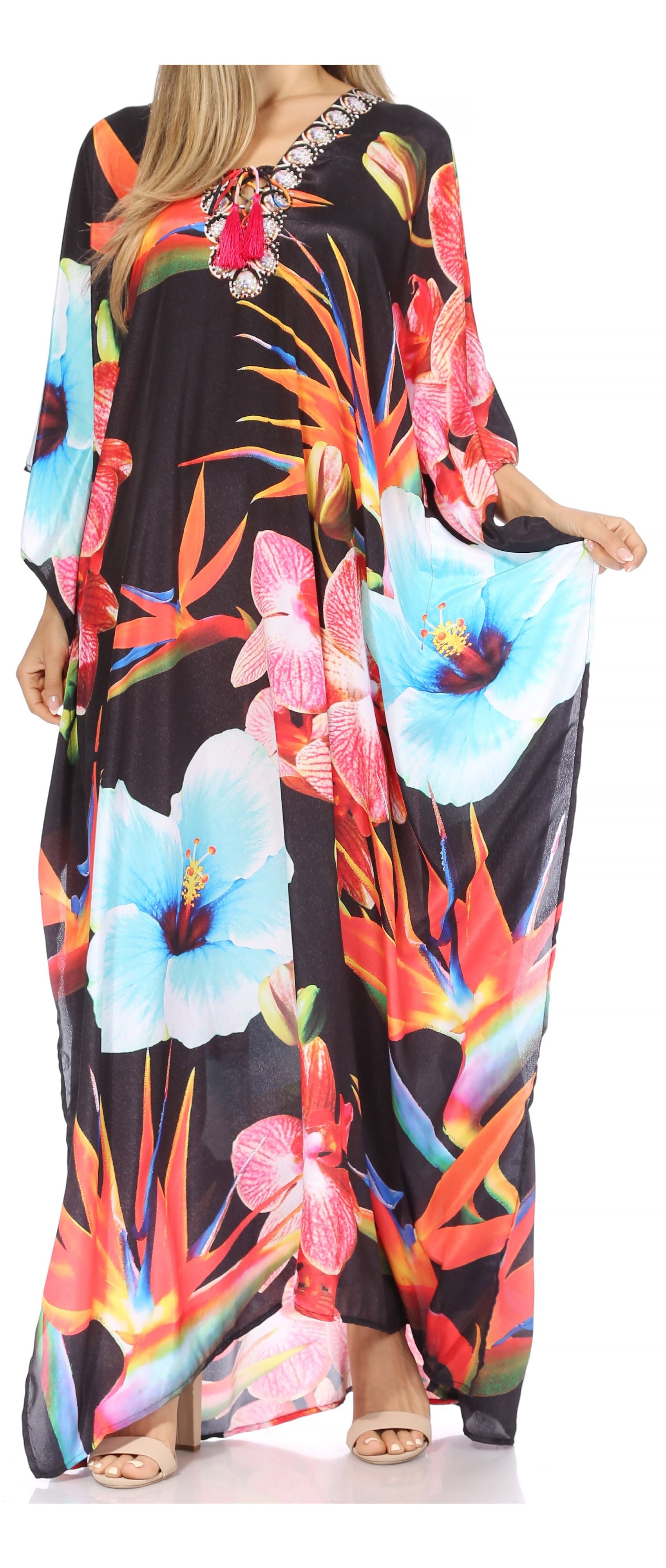 Georgettina rhinestone caftan in black multicolor print