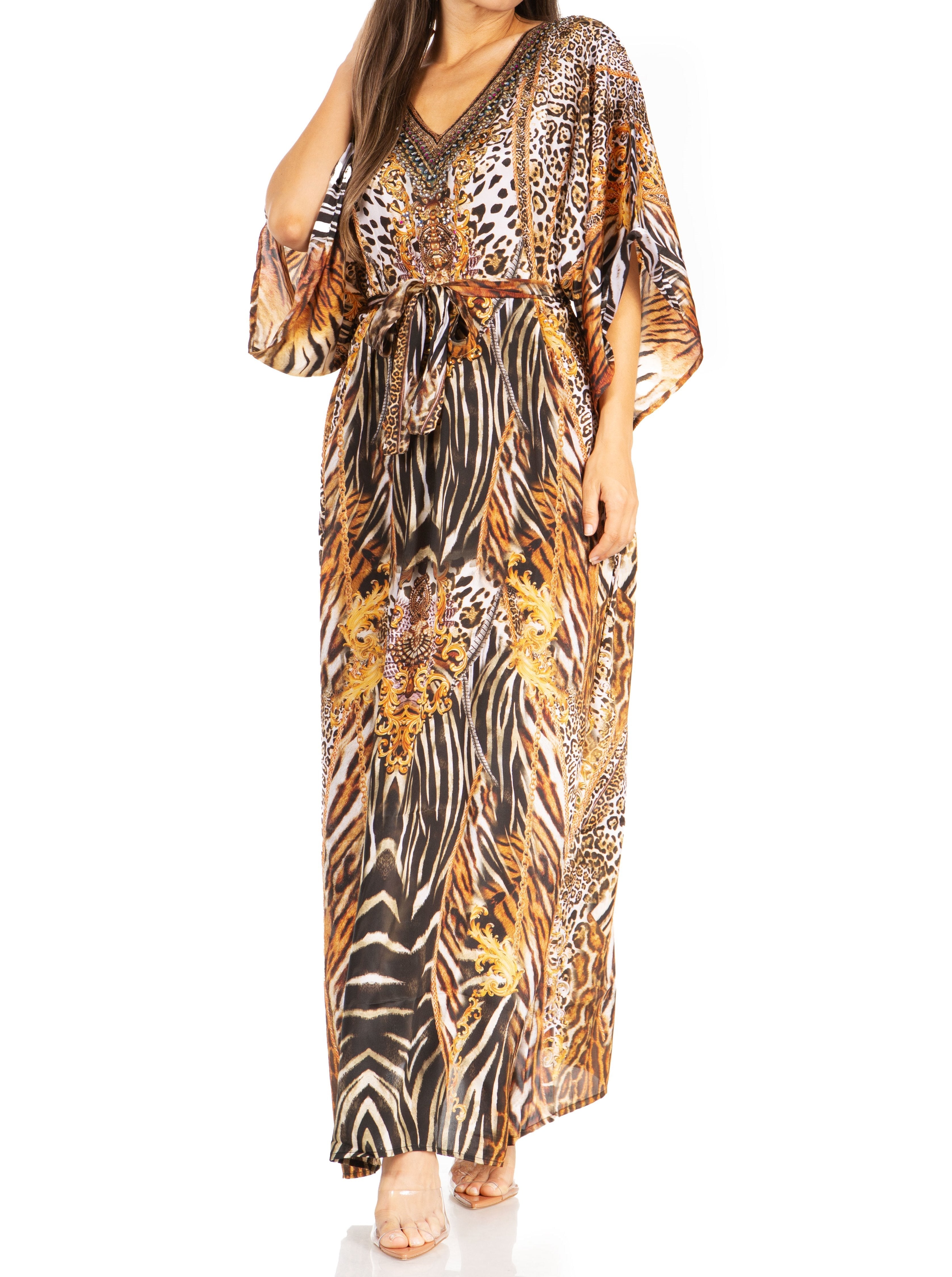 Maribel V-neck maxi caftan in black print
