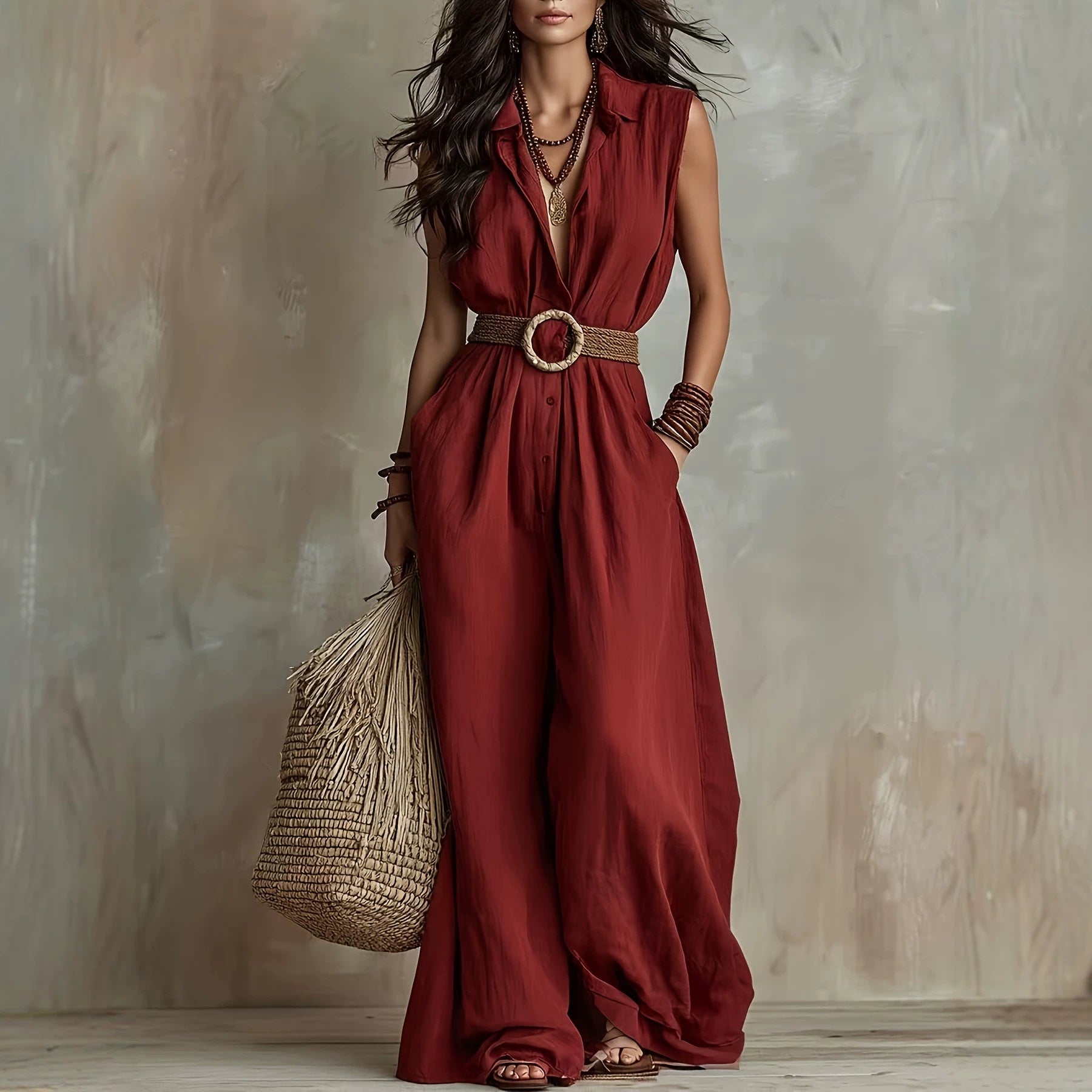 Red relaxed maxi jumpsuit, back view