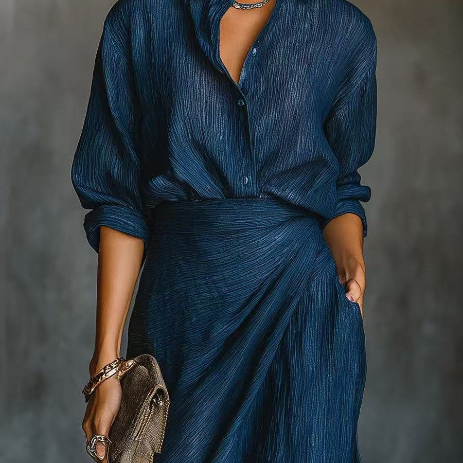 Blue pleated shirt and draped maxi skirt set, back view