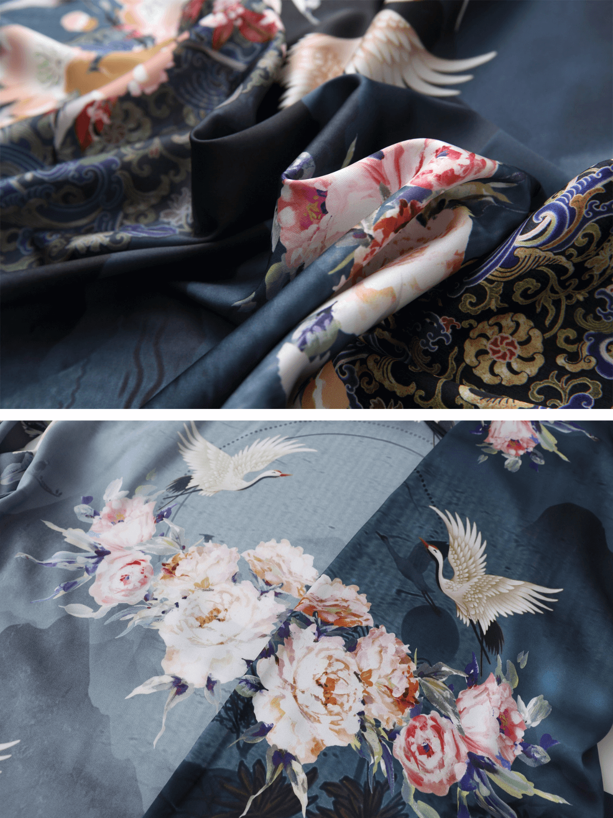 Short blue crane-print kimono robe, product view 16